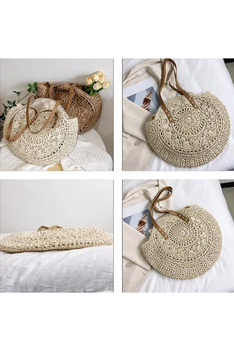 Bonluo ručně vyráběná kulatá letní světle béžová dámská taška přes rameno (40*45*3cm)