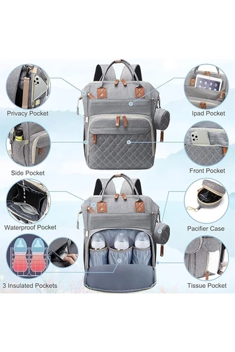 Šedý multifunkční batoh pro maminky Bonluo polyester s USB prostorem (40*29*15cm)
