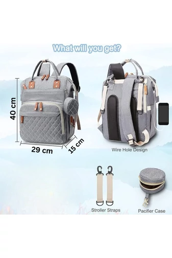 Šedý multifunkční batoh pro maminky Bonluo polyester s USB prostorem (40*29*15cm)