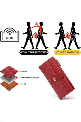 Elegantní červená dámská peněženka Bonluo z imitace kůže s RFID ochranou a více přihrádkami Velikost 19*10*2cm