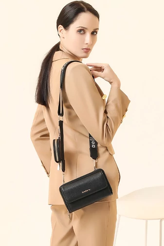 Černá Crossbody kabelka/peněženka 2v1 Bonluo z imitace kůže připojenou mini peněženkou velikost 11*19*7cm