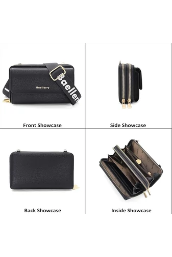 Černá Crossbody kabelka/peněženka 2v1 Bonluo z imitace kůže připojenou mini peněženkou velikost 11*19*7cm