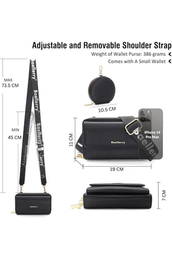 Černá Crossbody kabelka/peněženka 2v1 Bonluo z imitace kůže připojenou mini peněženkou velikost 11*19*7cm