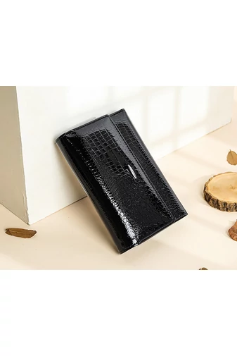 Elegantní černá peněženka bonluo z pravé lakované kůže s kamínkovým vzorem (14*10cm)