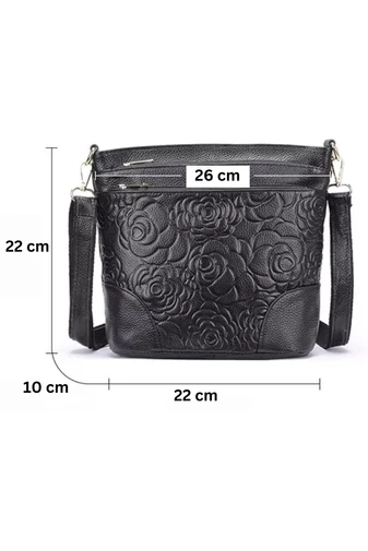 Černá kabelka přes rameno Bonluo z přírodní kůže s květinovým reliéfním designem (22*28*10cm)