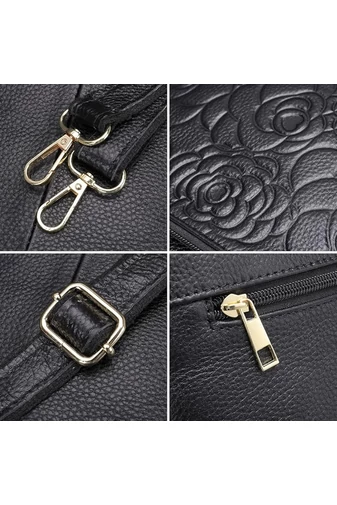 Černá kabelka přes rameno Bonluo z přírodní kůže s květinovým reliéfním designem (22*28*10cm)