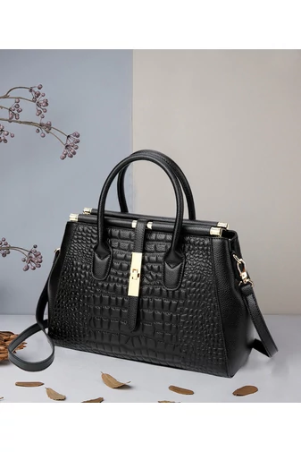 Elegantní černá taška z přírodní kůže Bonluo se zlatými detaily Velikost (22*32,5*14 cm)