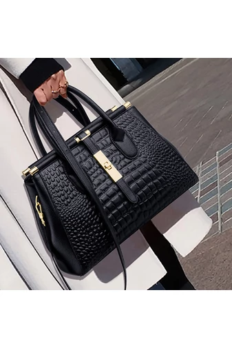 Elegantní černá taška z přírodní kůže Bonluo se zlatými detaily Velikost (22*32,5*14 cm)