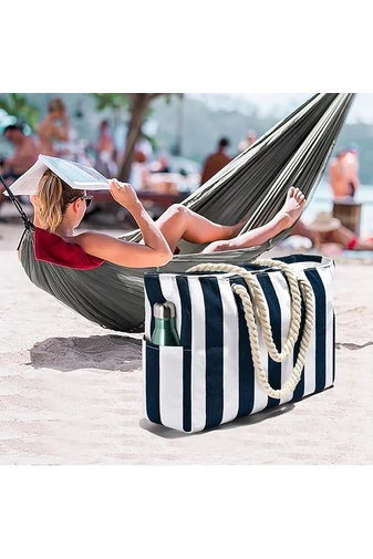 Plátěná Plážová Taška Vodotěsná s Modrým a Bílým Pruhováním Bonluo 35*50*16 cm