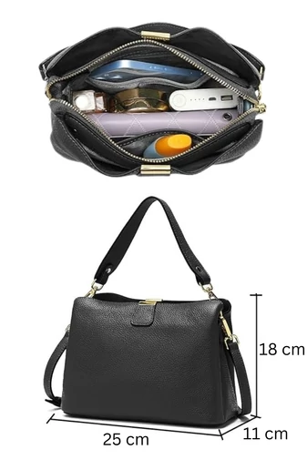 Kabelka na rameno / Crossbody Kabelka 2v1 z Pravé Kůže, Kompaktní, Elegantní, Bonluo, Černá 18×25×11cm