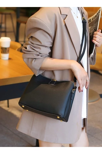 Kabelka na rameno / Crossbody Kabelka 2v1 z Pravé Kůže, Kompaktní, Elegantní, Bonluo, Černá 18×25×11cm