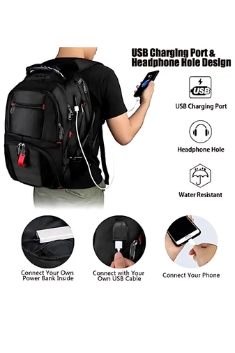 Multifunkční Nepromokavý Batoh s USB portem, Přihrádkou na Laptop a Množstvím Kapes, Černý 48*34*24 cm