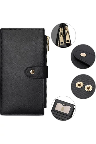 Dámská Peněženka RFID z PU kůže se 16 přihrádkami na karty, Černá 19,5×11×2cm