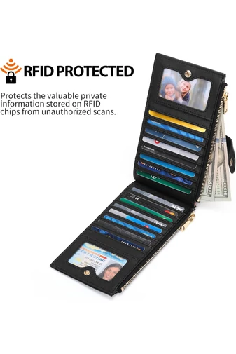 Dámská Peněženka RFID z PU kůže se 16 přihrádkami na karty, Černá 19,5×11×2cm