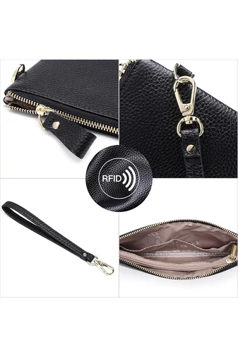 Dámská Peněženka z Pravé Kůže s RFID Ochranou, Elegantní, Černá, Bonluo 11×19cm