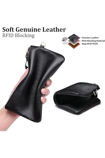 Dámská Peněženka z Pravé Kůže s RFID Ochranou, Elegantní, Černá, Bonluo 11×19cm