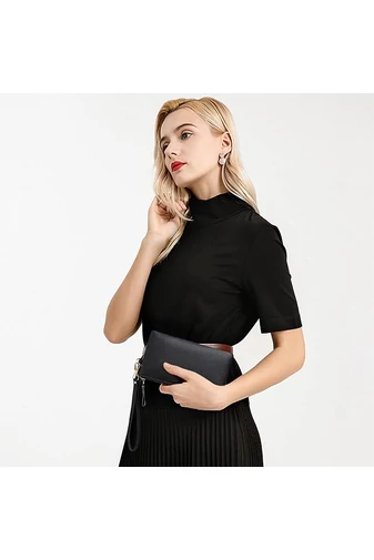 Dámská Peněženka z Pravé Kůže s RFID Ochranou, Elegantní, Černá, Bonluo 11×19cm
