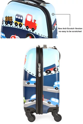 Modrý dětský kufr s Autíčky vyrobený z ABC/PC materiálu Wizz-air velikost (40x30x20cm) s odnímatelnými koly