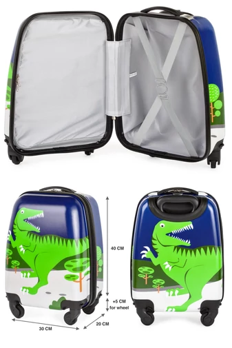 Modrý dětský kufr s Dinosaurem vyrobený z ABC/PC materiálu Wizz-air velikost (40x30x20cm) s odnímatelnými koly