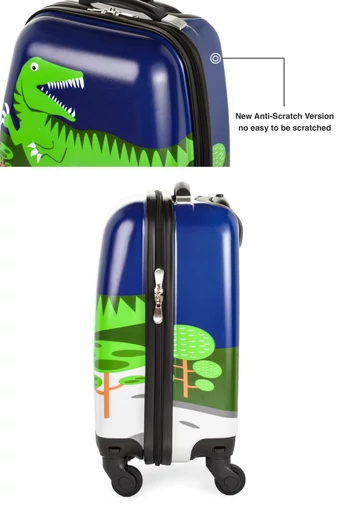 Modrý dětský kufr s Dinosaurem vyrobený z ABC/PC materiálu Wizz-air velikost (40x30x20cm) s odnímatelnými koly