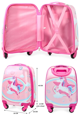 Růžový dětský kufr s jednorožcem vyrobený z ABC/PC materiálu Wizz-air velikost (40x30x20cm) s odnímatelnými koly