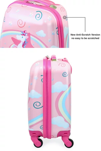 Růžový dětský kufr s jednorožcem vyrobený z ABC/PC materiálu Wizz-air velikost (40x30x20cm) s odnímatelnými koly