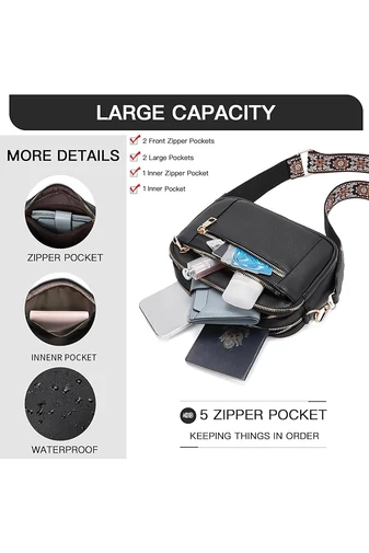 Crossbody kabelka s hnědým nastavitelným popruhem z PU Bonluo Černá 20*15,6*5,1cm