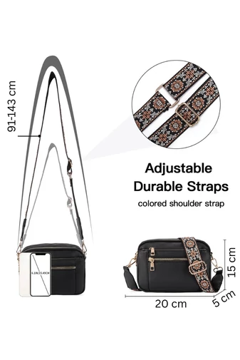 Crossbody kabelka s hnědým nastavitelným popruhem z PU Bonluo Černá 20*15,6*5,1cm
