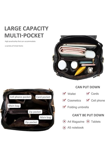 Dámský kompaktní 2v1 batoh a crossbody z PU, černý, 21×21×13cm