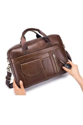 Taška na notebook z přírodní kůže, přihrádka na 14" laptop, hnědá, 28×39×6cm