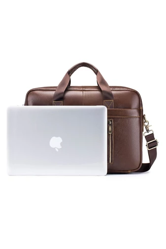 Taška na notebook z přírodní kůže, přihrádka na 14" laptop, hnědá, 28×39×6cm