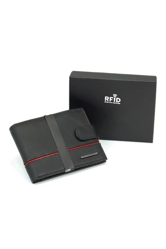 Pánská peněženka z pravé kůže s RFID ochranou, černá s elegantním červeným detailem, 9*12,5*2cm