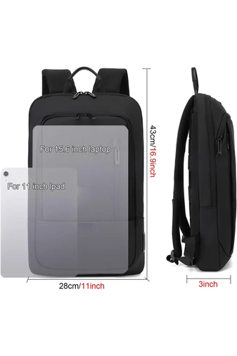 Černý Slim Business Batoh Z Materiálu Oxford, Voděodolný, S USB Portem A Přihrádkou Na 15,6" Notebook, 27x6x43cm