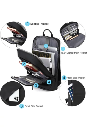 Černý Slim Business Batoh Z Materiálu Oxford, Voděodolný, S USB Portem A Přihrádkou Na 15,6" Notebook, 27x6x43cm