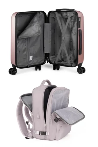 Cestovní sada Wizzair/Ryanair: kabinový kufr s odnímatelnými kolečky 55×35×22cm a batoh 40×30×20cm, Růžová