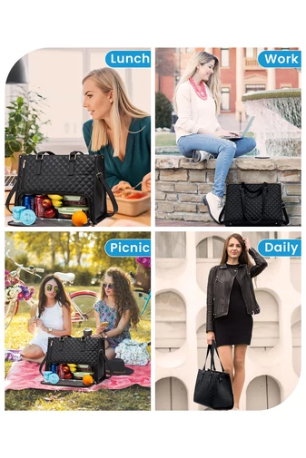Černá Prošívaná Dámská Tote Taška S Přihrádkou Na 15,6" Notebook, Termo Přihrádkou Na Oběd A Peněženkou, Do Práce/Na Vysokou Školu/Pro Každodenní Nošení, 43x16x32cm
