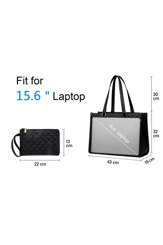 Černá Prošívaná Dámská Tote Taška S Přihrádkou Na 15,6" Notebook, Termo Přihrádkou Na Oběd A Peněženkou, Do Práce/Na Vysokou Školu/Pro Každodenní Nošení, 43x16x32cm