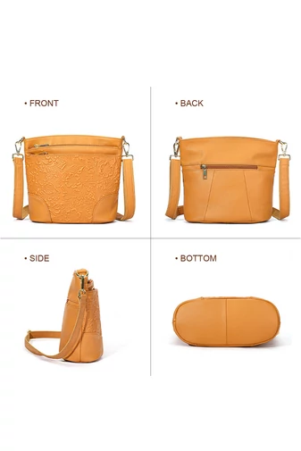 Crossbody kabelka přes rameno z přírodní kůže s raženým květinovým vzorem,. Béžová (22×22×10 cm)