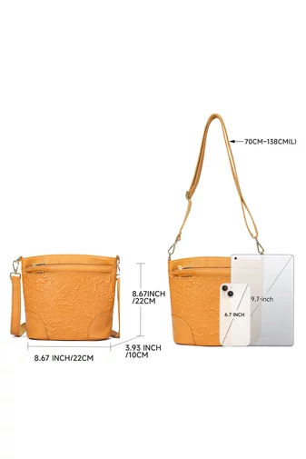 Crossbody kabelka přes rameno z přírodní kůže s raženým květinovým vzorem,. Béžová (22×22×10 cm)