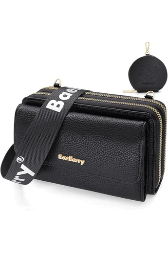 Černá Crossbody kabelka/peněženka 2v1 Bonluo z imitace kůže připojenou mini peněženkou velikost 11*19*7cm
