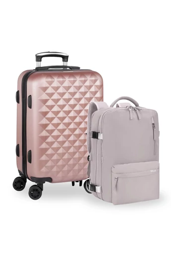 Cestovní sada Wizzair/Ryanair: kabinový kufr s odnímatelnými kolečky 55×35×22cm a batoh 40×30×20cm, Růžová