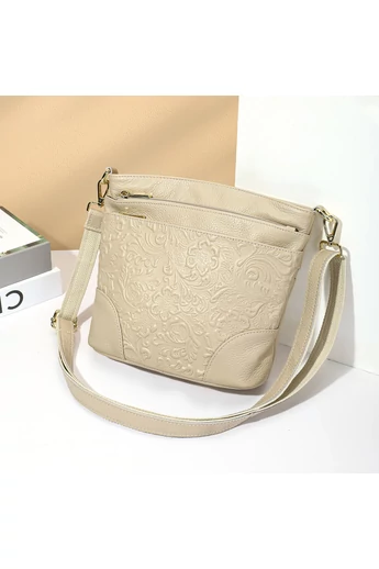 Geantă De Umăr Crossbogy Bej Din Piele Naturală Cu Design Floral Embosat (22*22*10cm)